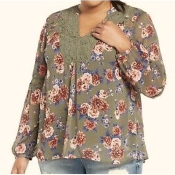 torrid Tops - Torrid > Green Floral Sheer Lace Trim Blouse 00
